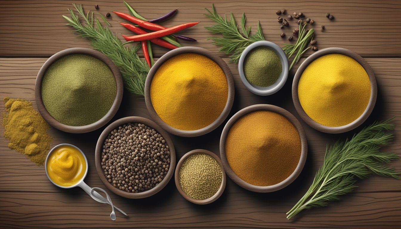 A collection of diverse spices and condiments from around the world, including dill and mustard substitutes, arranged on a rustic wooden table