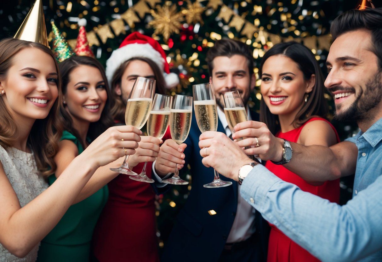 A group of friends raise a toast with champagne glasses, surrounded by festive decorations and confetti