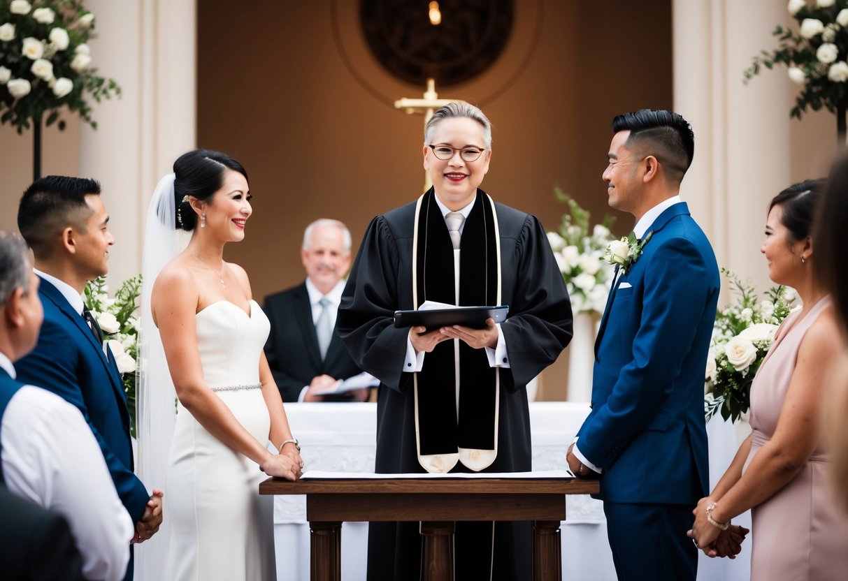 A wedding officiant standing at the altar with a couple and witnesses