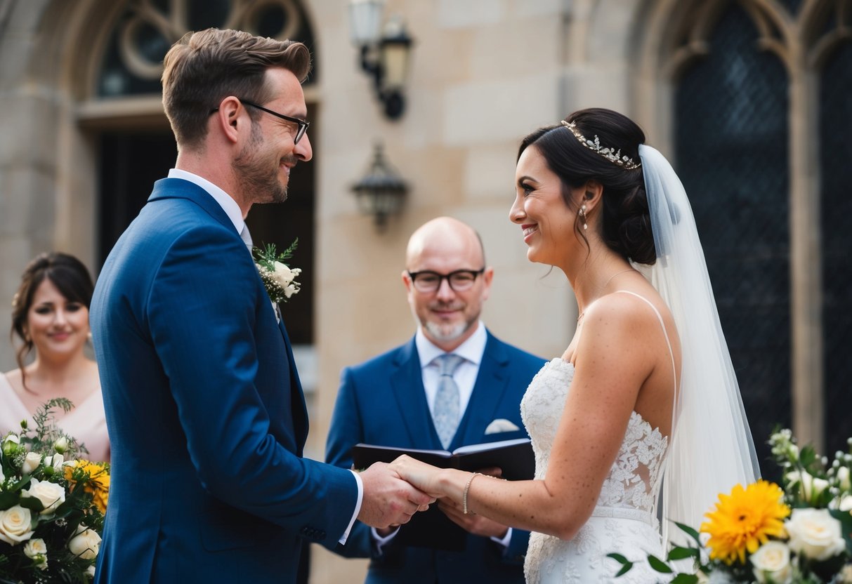 A couple exchanging vows in front of a friend acting as a celebrant in a UK wedding ceremony
