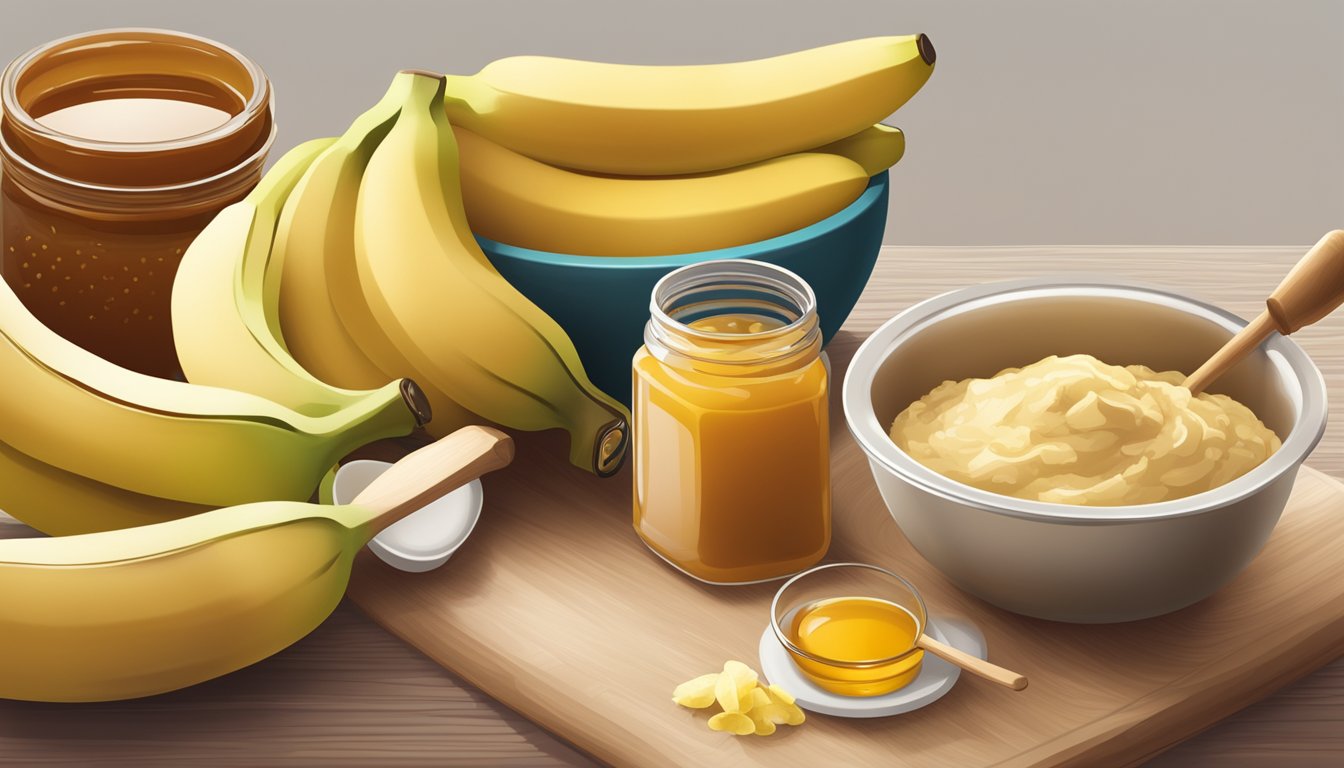 A bowl of mashed bananas and a jar of applesauce sit next to a measuring cup of honey, all surrounded by various baking ingredients