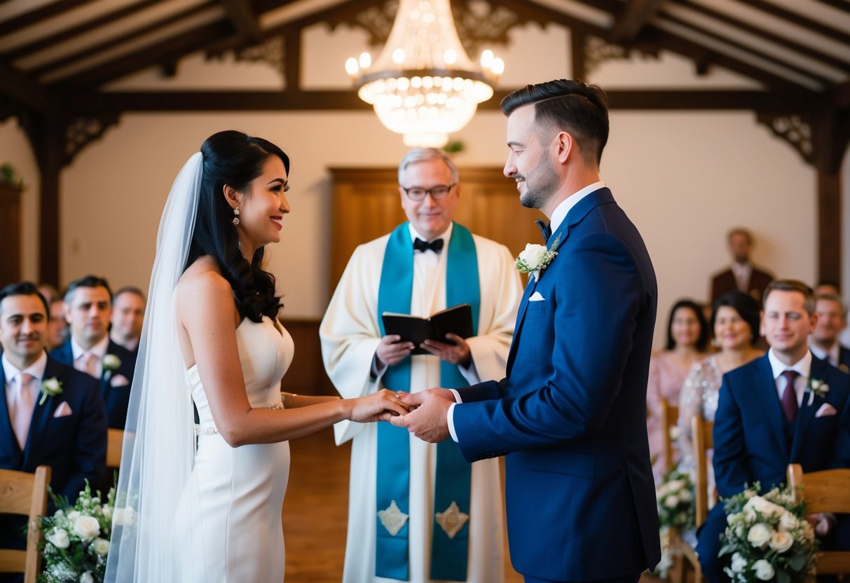 A wedding ceremony taking place in a traditional venue with an officiant presiding over the couple exchanging vows