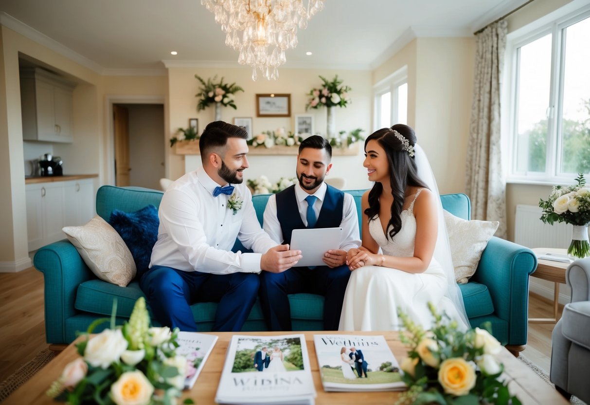 A couple sits with a celebrant, discussing their wedding ceremony details in a cozy living room filled with wedding magazines and flowers