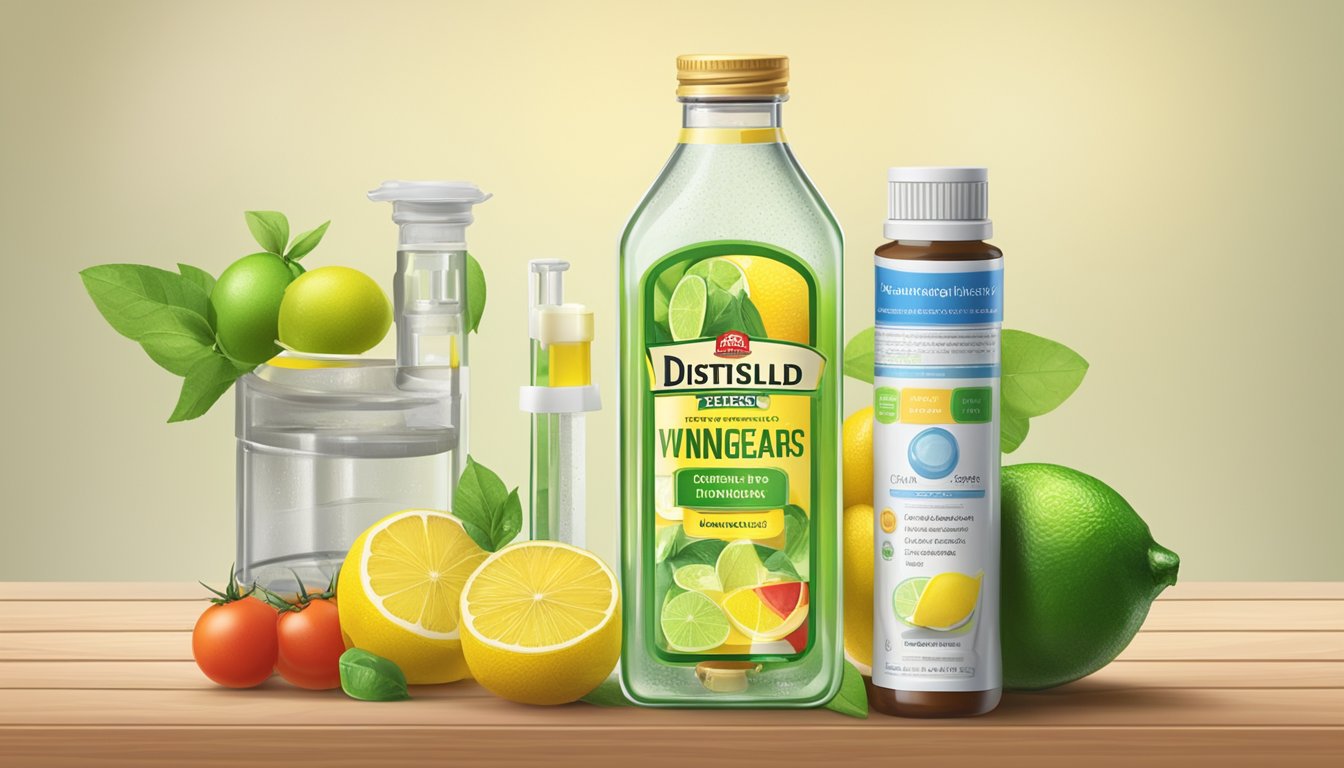 A bottle of distilled vinegar surrounded by various acidic ingredients like lemons, limes, and tomatoes, with pH testing strips nearby