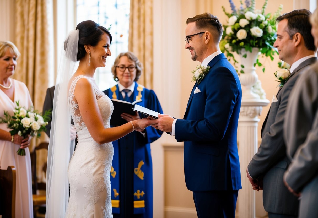 A traditional UK wedding ceremony with a registrar officiating in a decorated venue