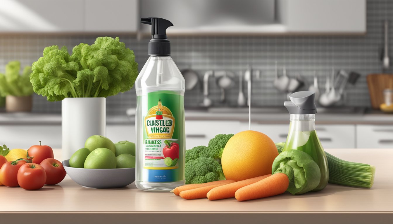 A bottle of distilled vinegar sits on a kitchen counter, next to a bowl of fresh fruits and vegetables. A spray bottle of vinegar solution is being used to clean a countertop