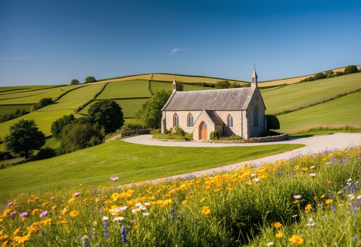 A picturesque countryside setting with a quaint stone church nestled among rolling hills, surrounded by colorful wildflowers and a clear blue sky