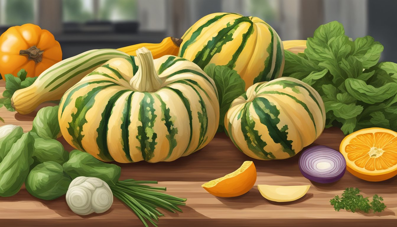 Delicata squash with vibrant orange and green stripes, nestled on a wooden cutting board surrounded by fresh herbs and other colorful vegetables