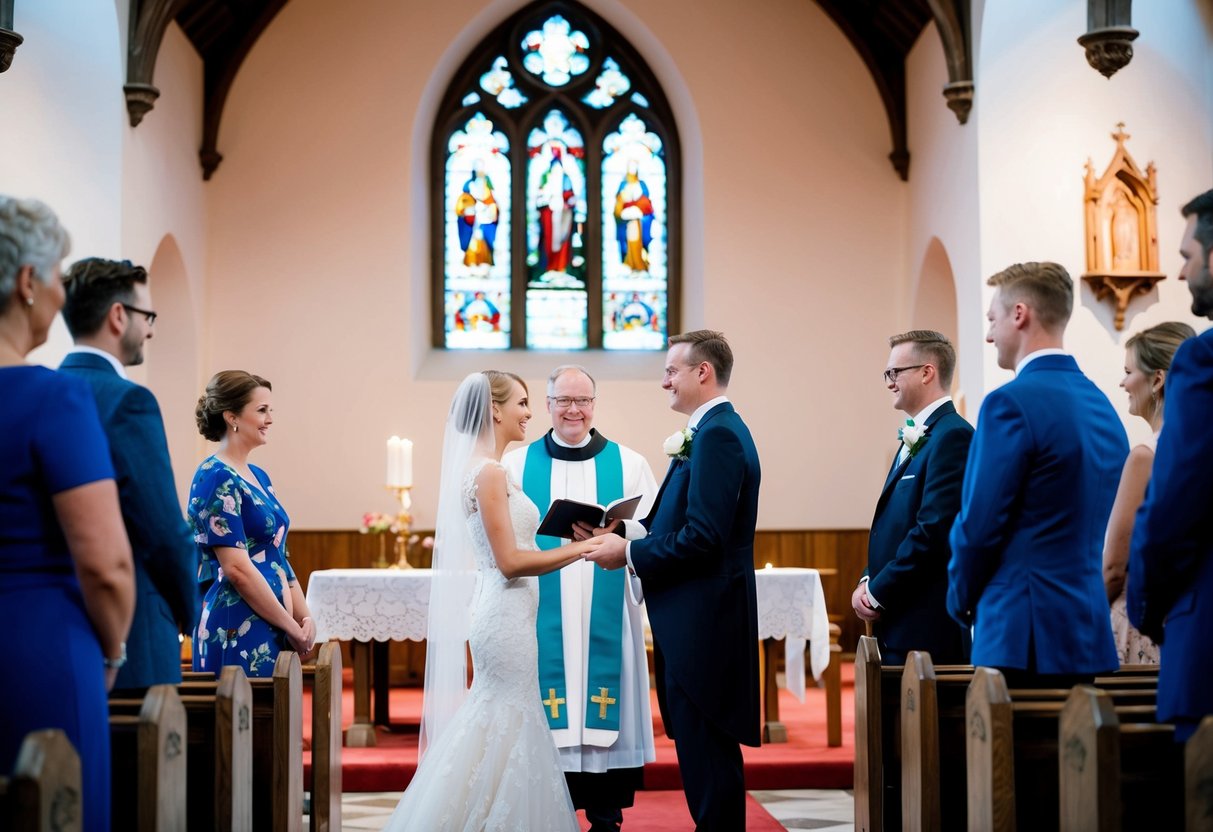 A pastor stands at the front of a church, overseeing a traditional wedding ceremony in the UK. The couple stands before them, exchanging vows as the pastor officiates