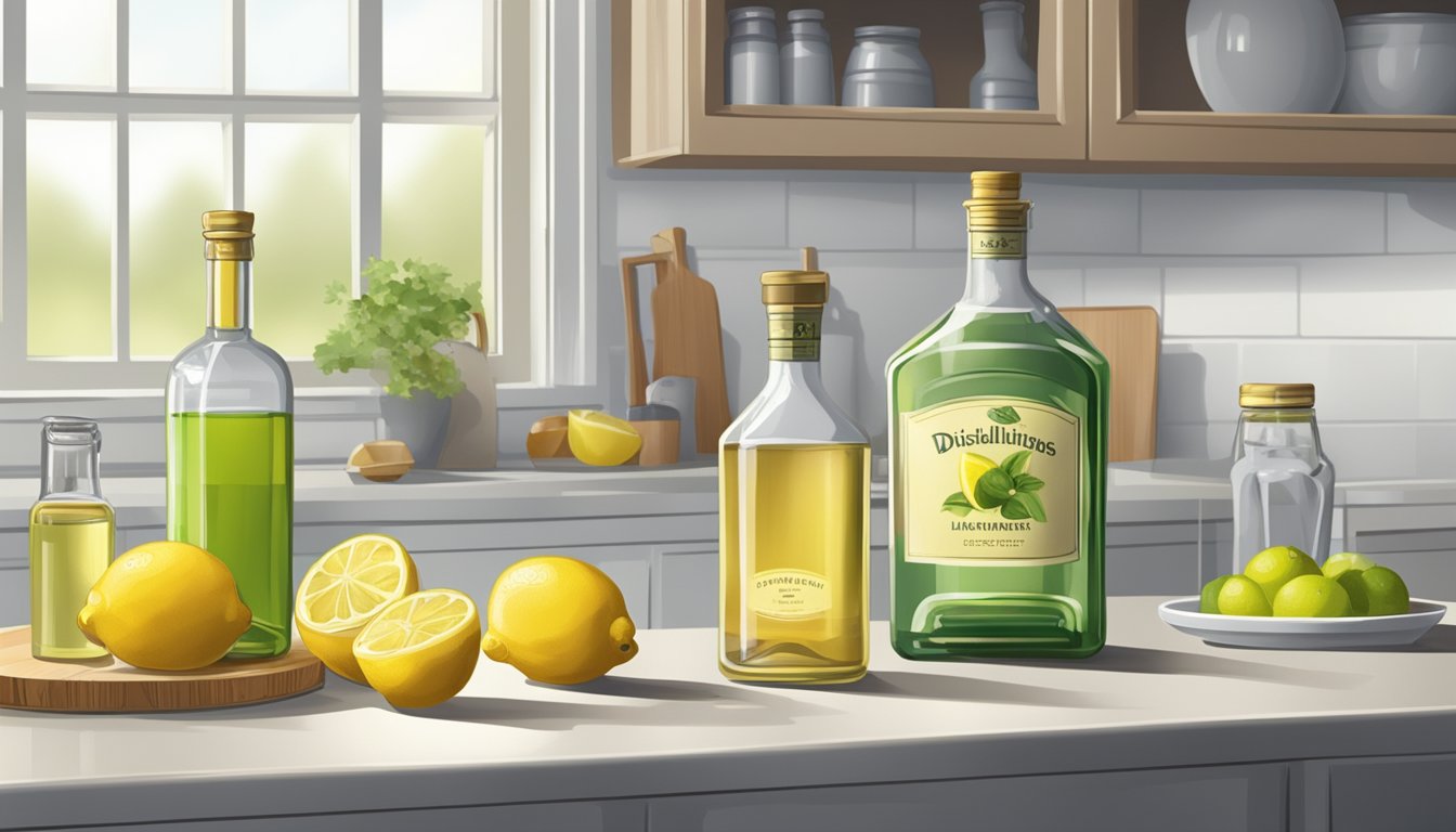 A bottle of distilled vinegar sits next to alternative substitutes like lemon juice and white wine in a well-stocked kitchen pantry