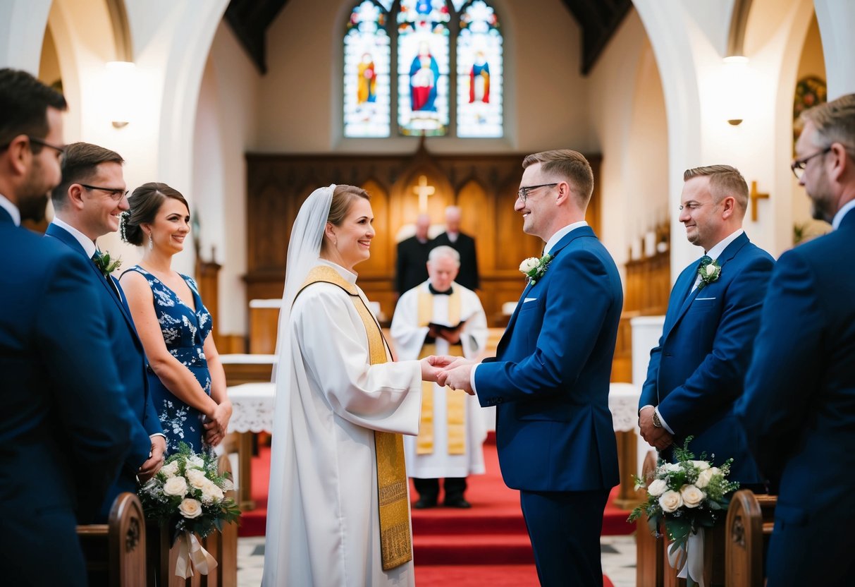 A pastor stands at the front of a church, facing a couple as they exchange vows during a wedding ceremony in the UK