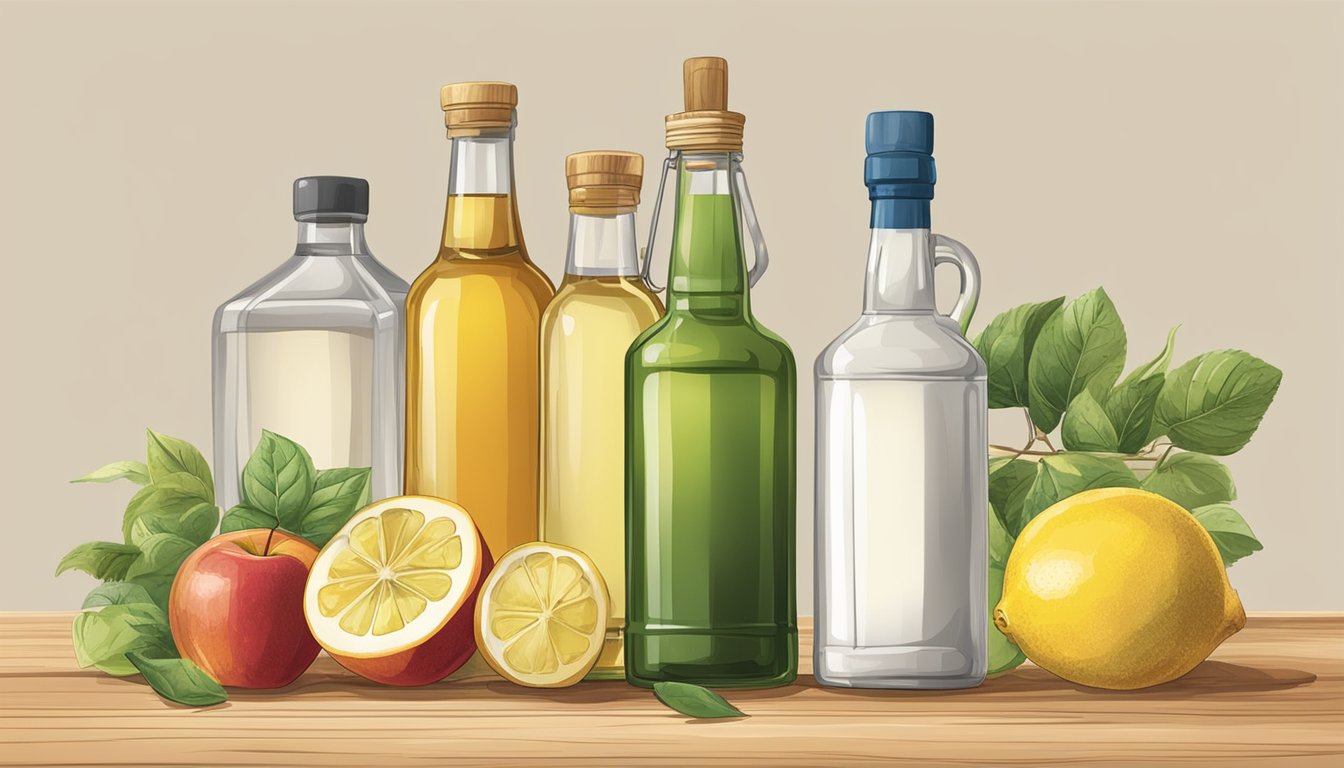 A bottle of distilled vinegar sits on a kitchen counter surrounded by various ingredients such as lemon juice, white wine, and apple cider vinegar