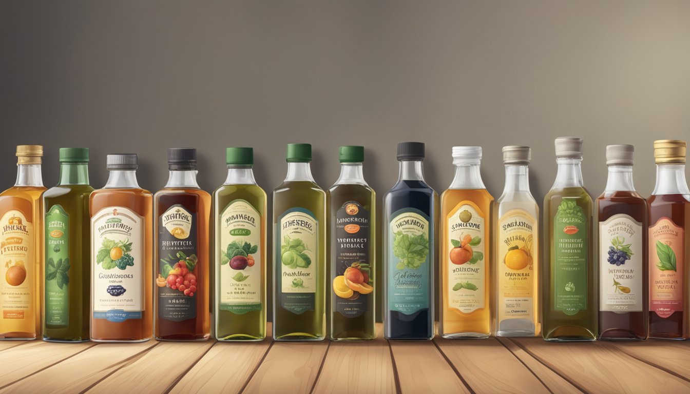 A variety of specialty vinegars lined up next to bottles of distilled vinegar substitutes on a wooden table