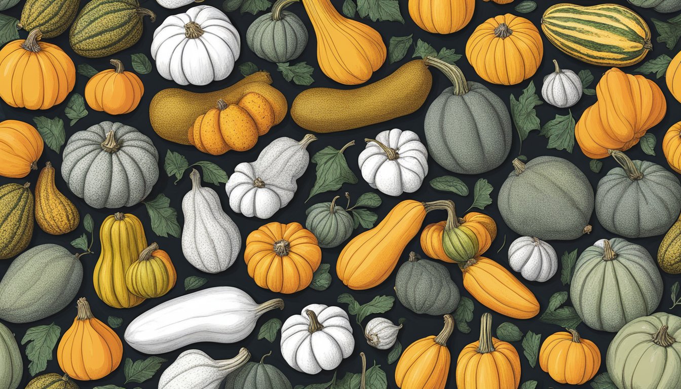 A colorful array of winter squash varieties, including butternut, acorn, and kabocha, arranged on a rustic wooden table