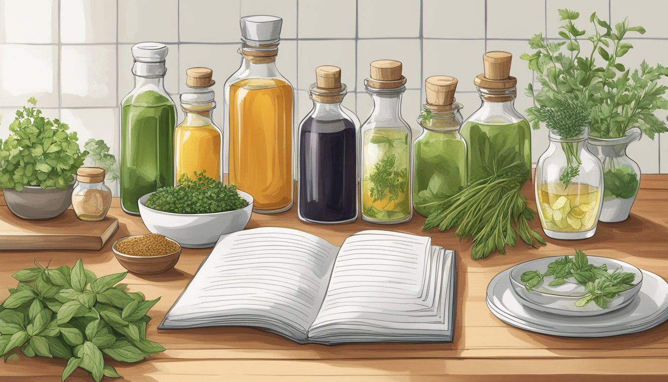 A variety of vinegar bottles arranged on a kitchen counter, with fresh herbs and spices scattered around, and a recipe book open to a page on vinegar substitutes