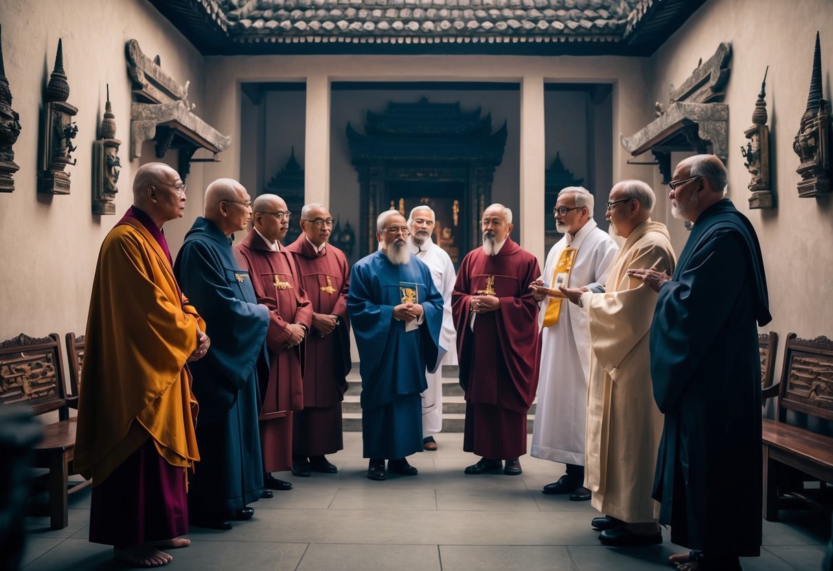 A group of elders gather in a serene temple, discussing ordination. The atmosphere is solemn and contemplative, with ancient artifacts adorning the walls