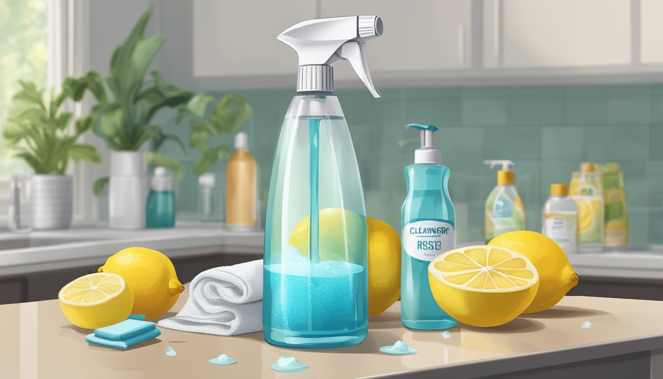 A glass spray bottle filled with clear liquid sits on a countertop, surrounded by various cleaning supplies and a bowl of lemons