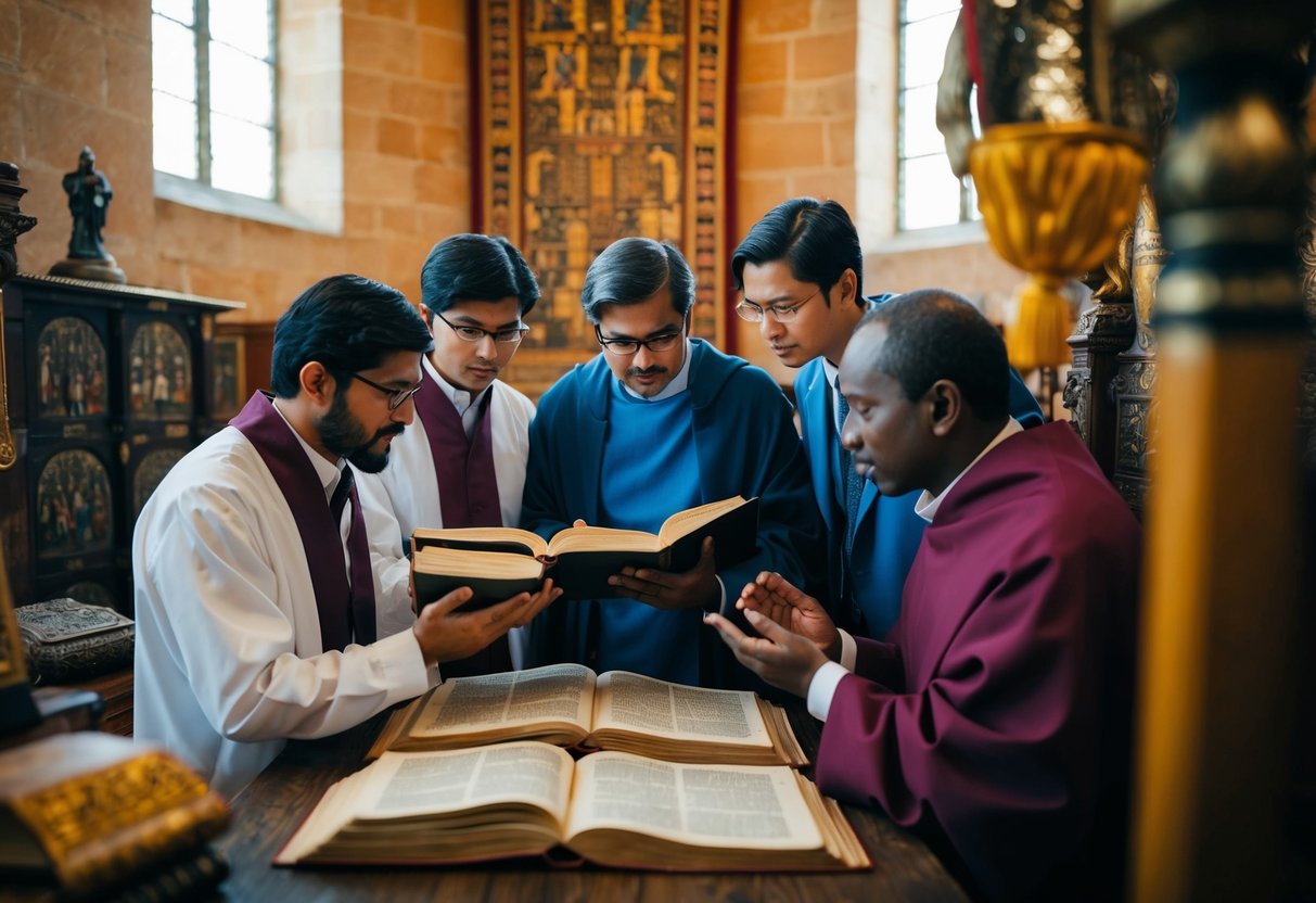 A group of scholars studying ancient texts and discussing while surrounded by old manuscripts and religious artifacts