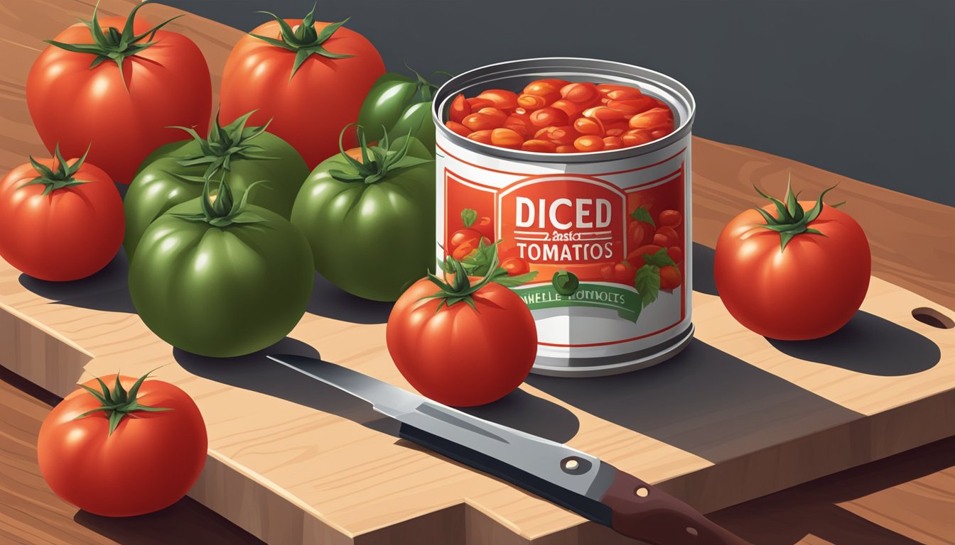 A can of diced tomatoes surrounded by fresh whole tomatoes and a knife on a cutting board