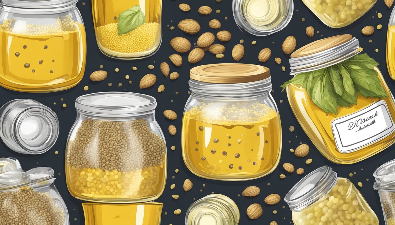 A jar of Dijon mustard surrounded by various ingredients like vinegar, white wine, and mustard seeds