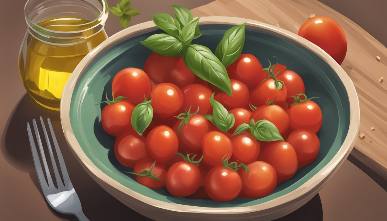 A bowl of diced tomatoes with fresh basil leaves and a drizzle of olive oil