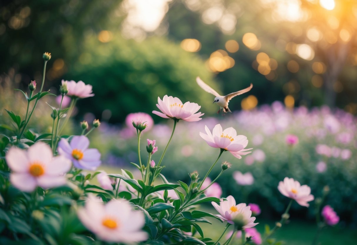A serene garden with blooming flowers and a gentle breeze, surrounded by soft, warm lighting and a peaceful ambiance