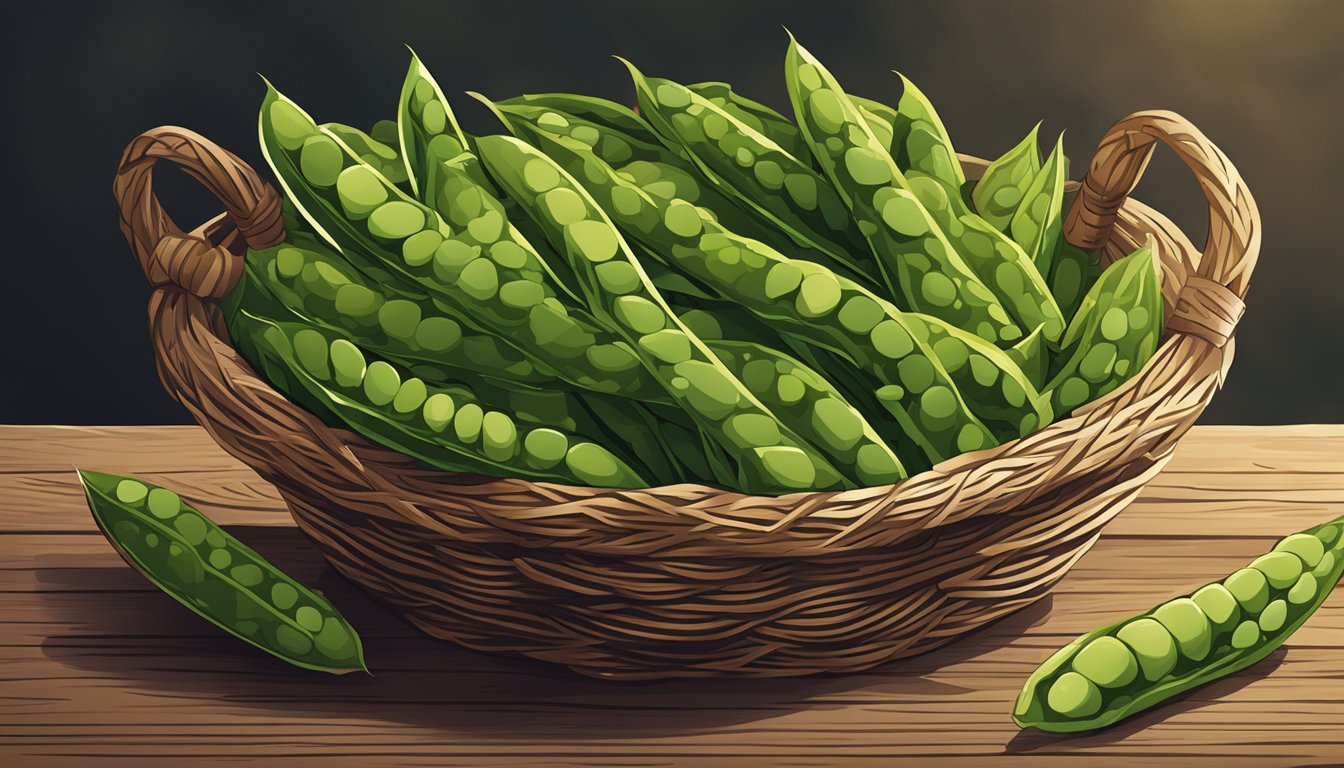 A close-up of vibrant dragon tongue beans arranged in a rustic basket with a few scattered on a wooden table