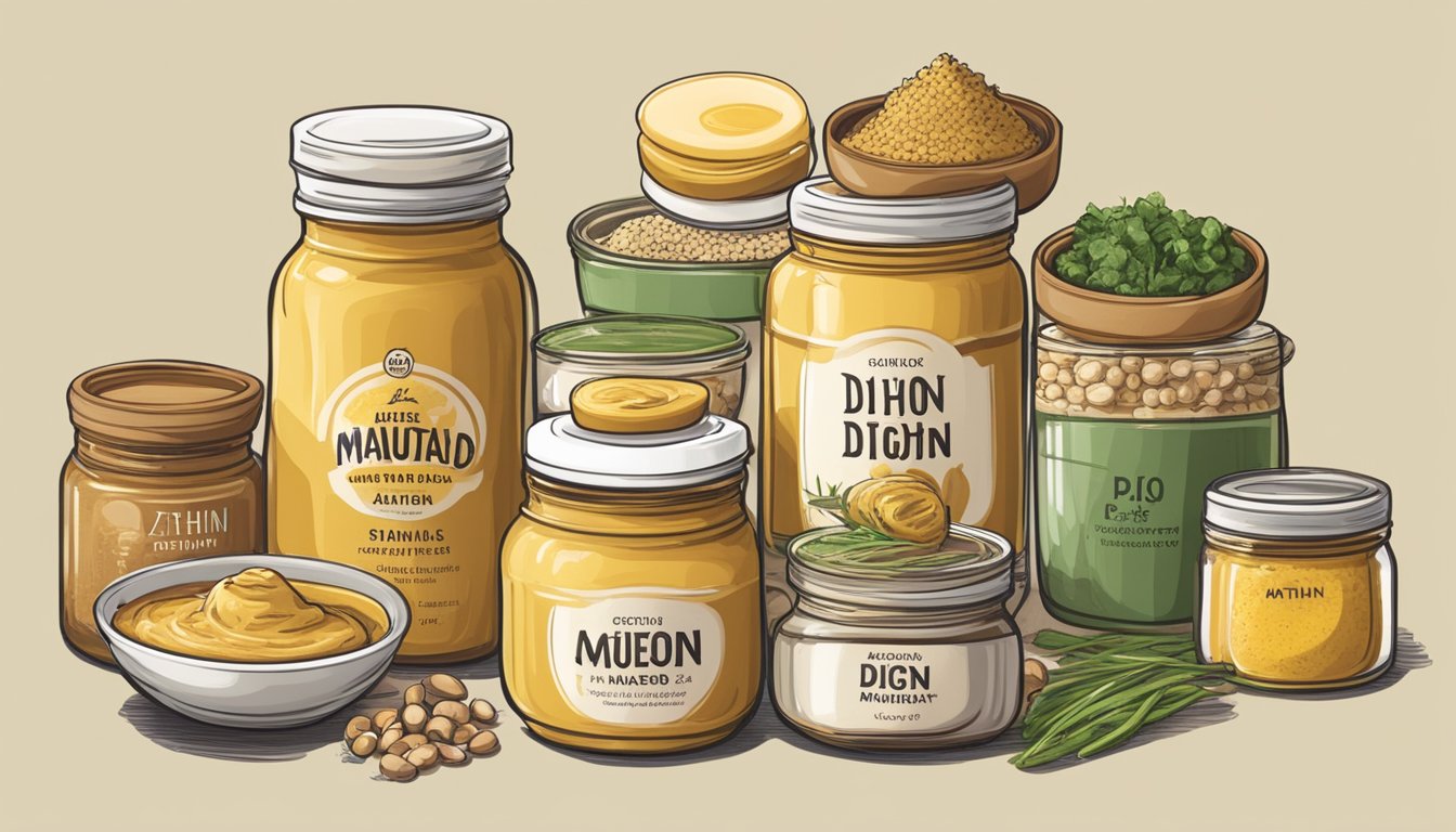 A jar of dijon mustard surrounded by a variety of vegan and egg-free alternatives such as tahini, hummus, and miso paste