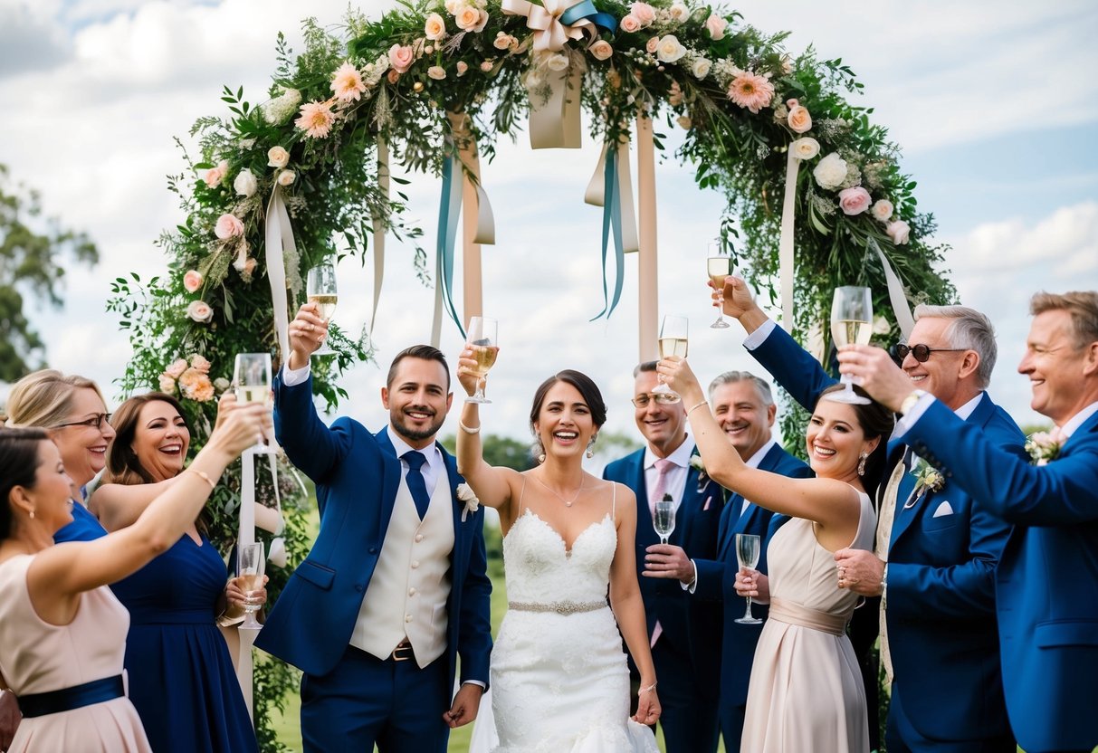 A decorative wedding arch adorned with flowers and ribbons, surrounded by joyful guests raising their glasses in celebration