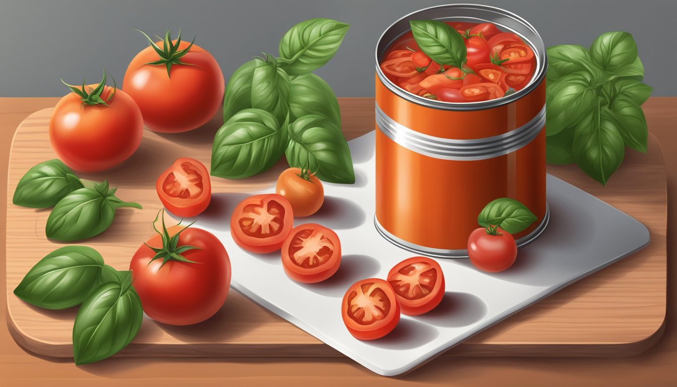 A can of diced tomatoes surrounded by fresh, ripe tomatoes and basil leaves on a wooden cutting board