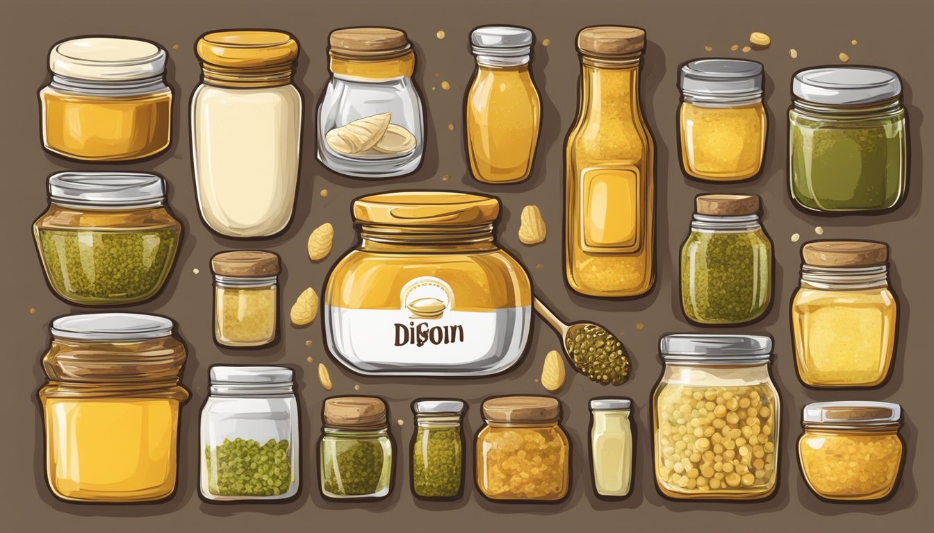 A jar of dijon mustard surrounded by various alternative condiments like honey, mayonnaise, and vinegar on a wooden table