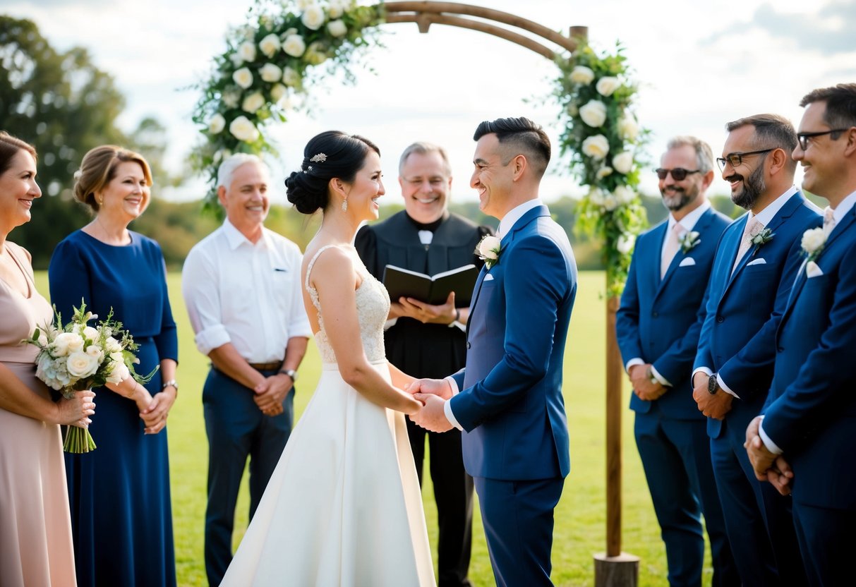A couple stands facing each other, surrounded by family and friends. The officiant smiles as they exchange final words, preparing to pronounce them married