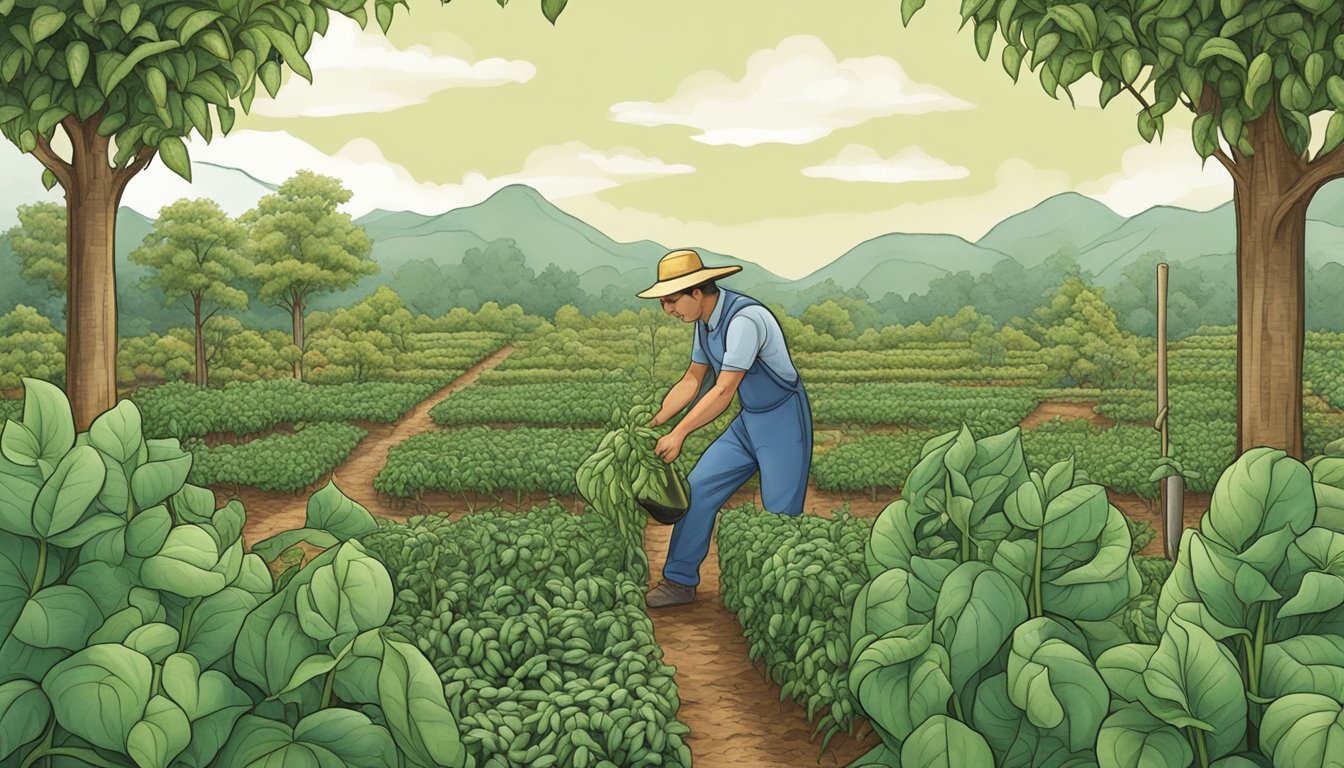 A gardener tending to dragon tongue bean plants, surrounded by alternative bean varieties