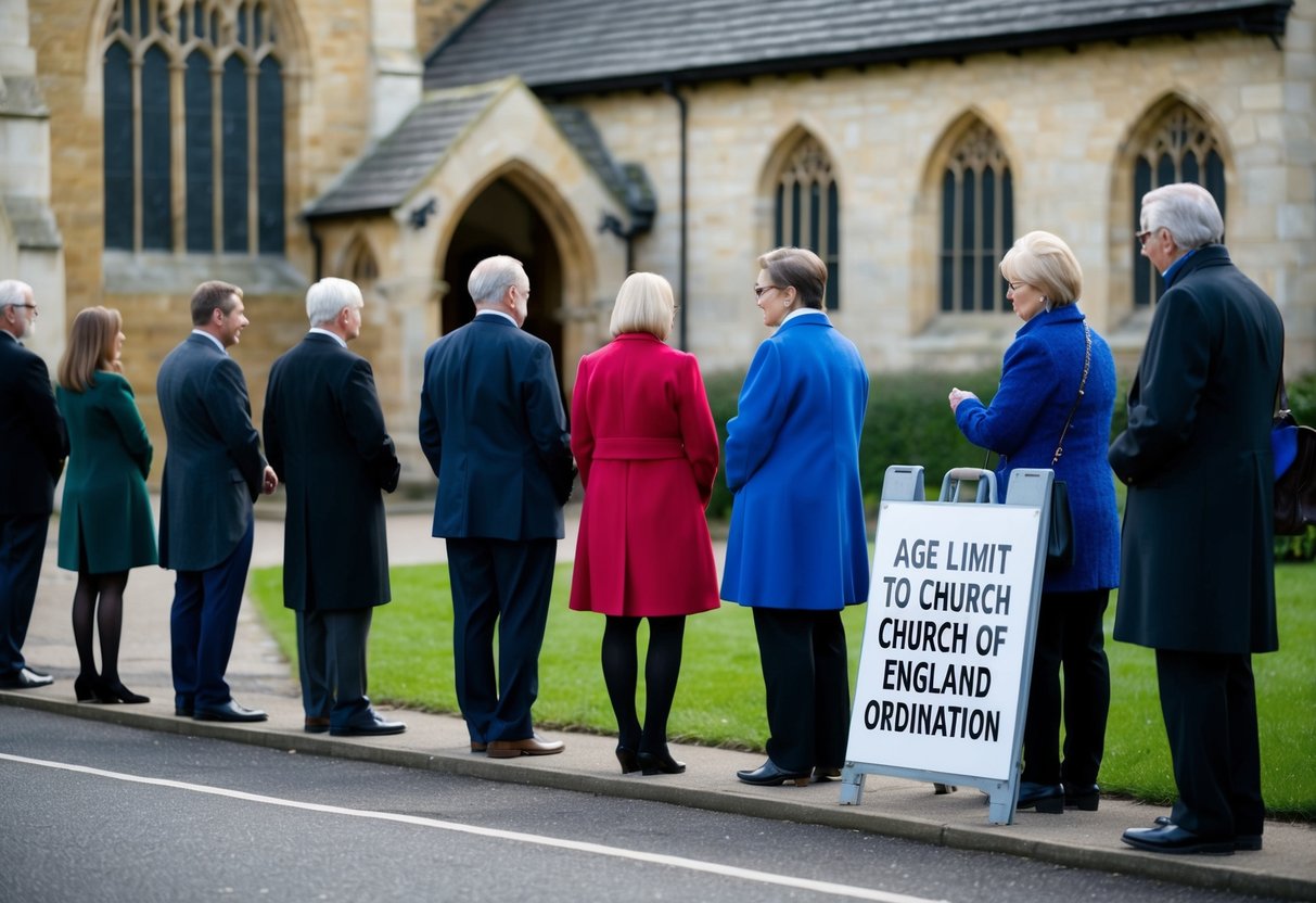 A group of people standing in line outside a church, with a sign displaying the age limit for Church of England ordination