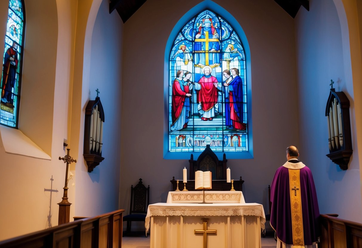 A serene church interior with a stained glass window depicting the ordination ceremony, a Bible on an ornate altar, and a clergyman's vestments hanging nearby
