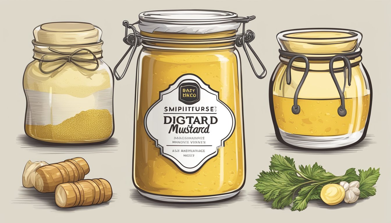 A jar of dijon mustard next to ingredients like honey, mayonnaise, and white wine vinegar, ready to be used as substitutes in recipes