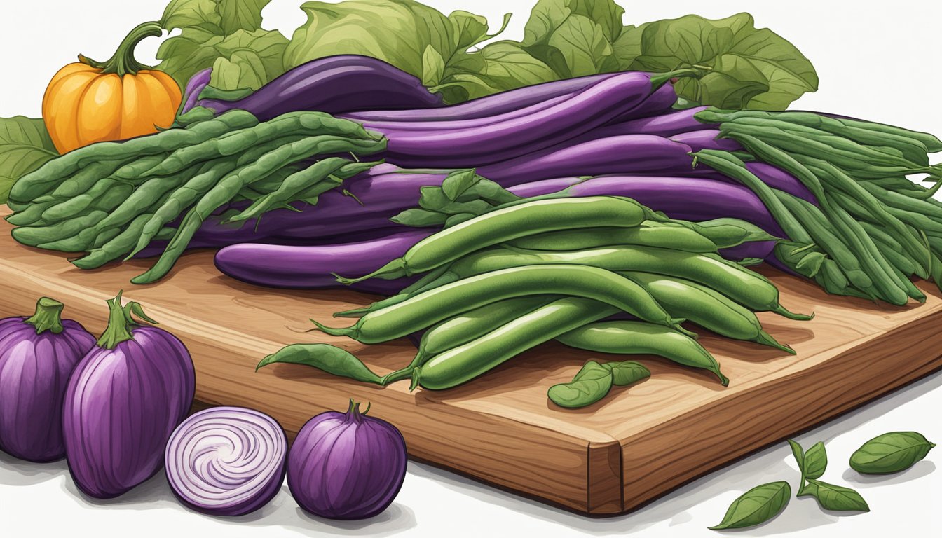 A colorful array of fresh produce, including vibrant purple and green beans, sits on a wooden cutting board