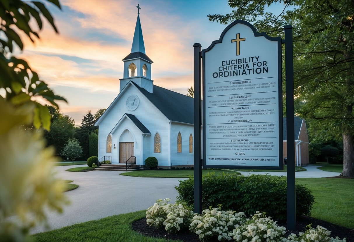 A church building with a sign displaying the eligibility and criteria for ordination, surrounded by peaceful and serene surroundings