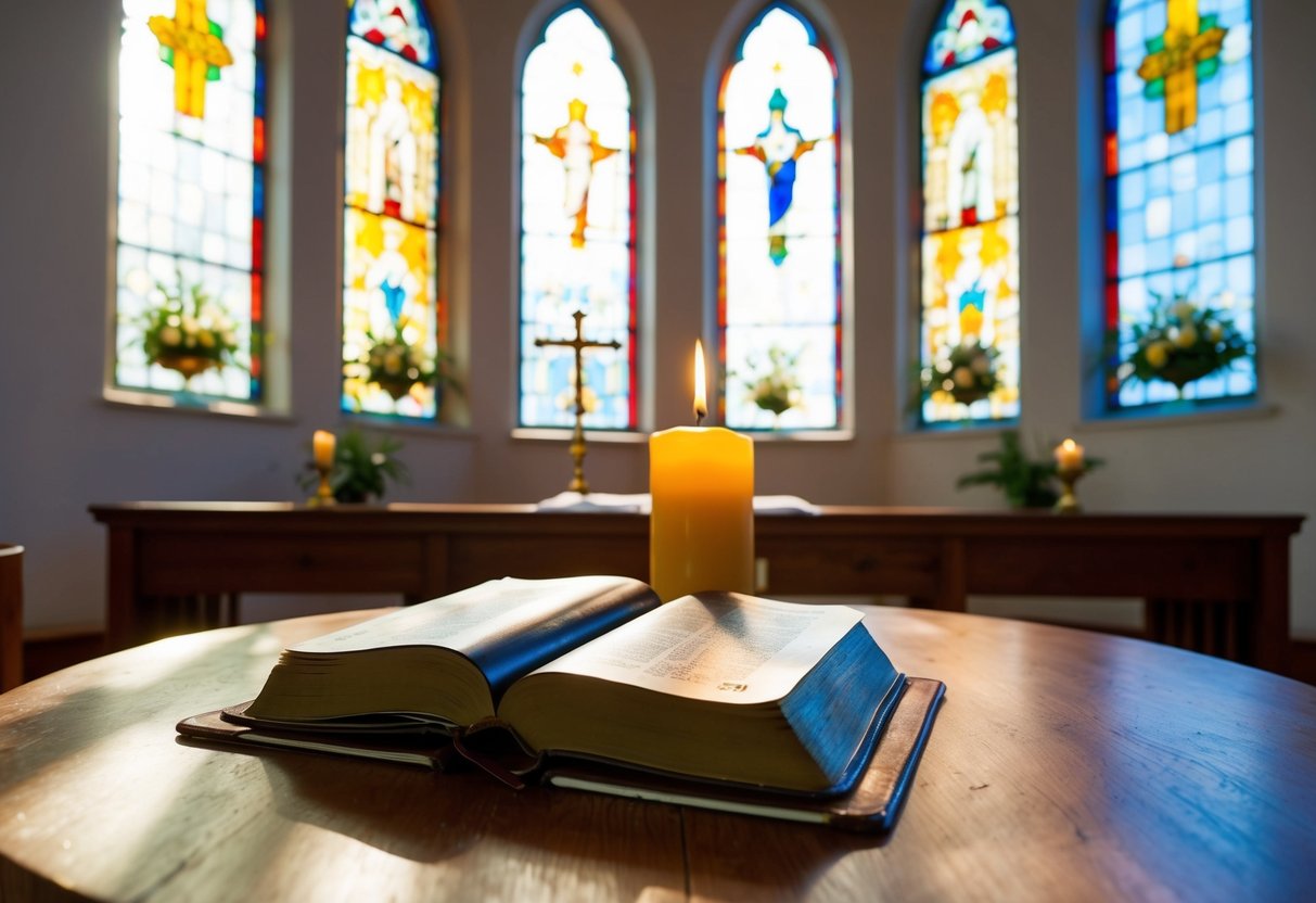 A serene, sunlit chapel with a Bible, prayer book, and candle on a wooden altar, surrounded by peaceful stained glass windows