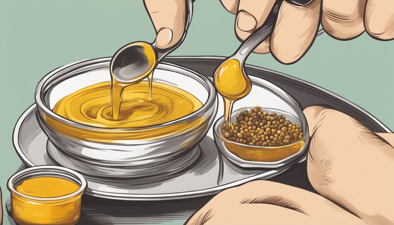 A hand squeezing a dollop of honey onto a spoonful of mustard, surrounded by various spices and condiments