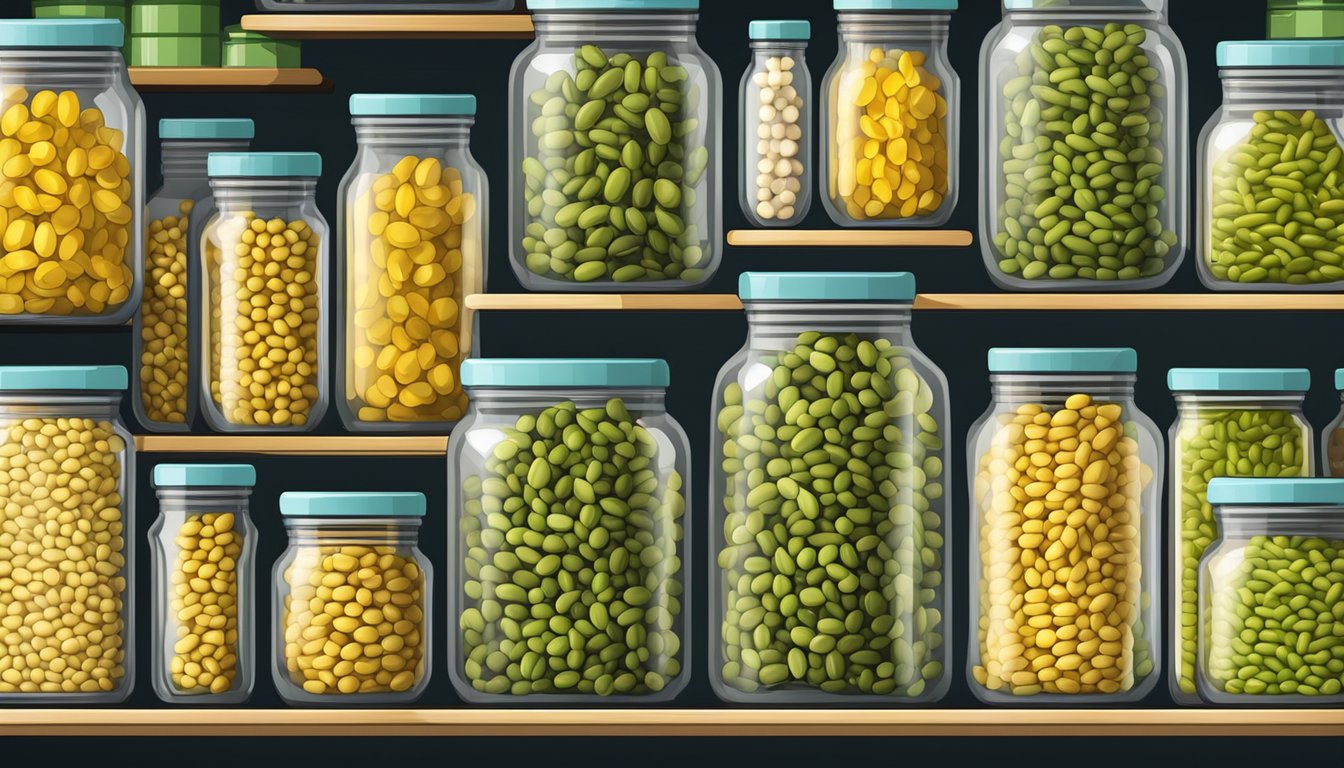 Dragon tongue beans stored in glass jars with airtight lids. A cellar with shelves of preserved beans and substitutes like green and yellow wax beans