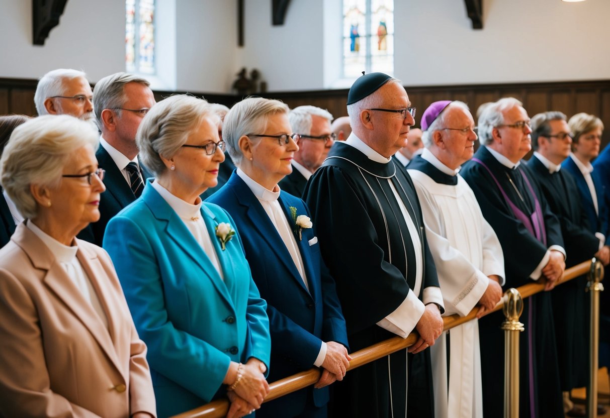 A group of individuals of varying ages standing in line, waiting to be ordained by a representative of the Church of England