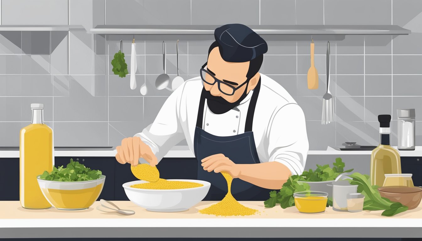 A chef adds whole grain mustard to a vinaigrette for a salad