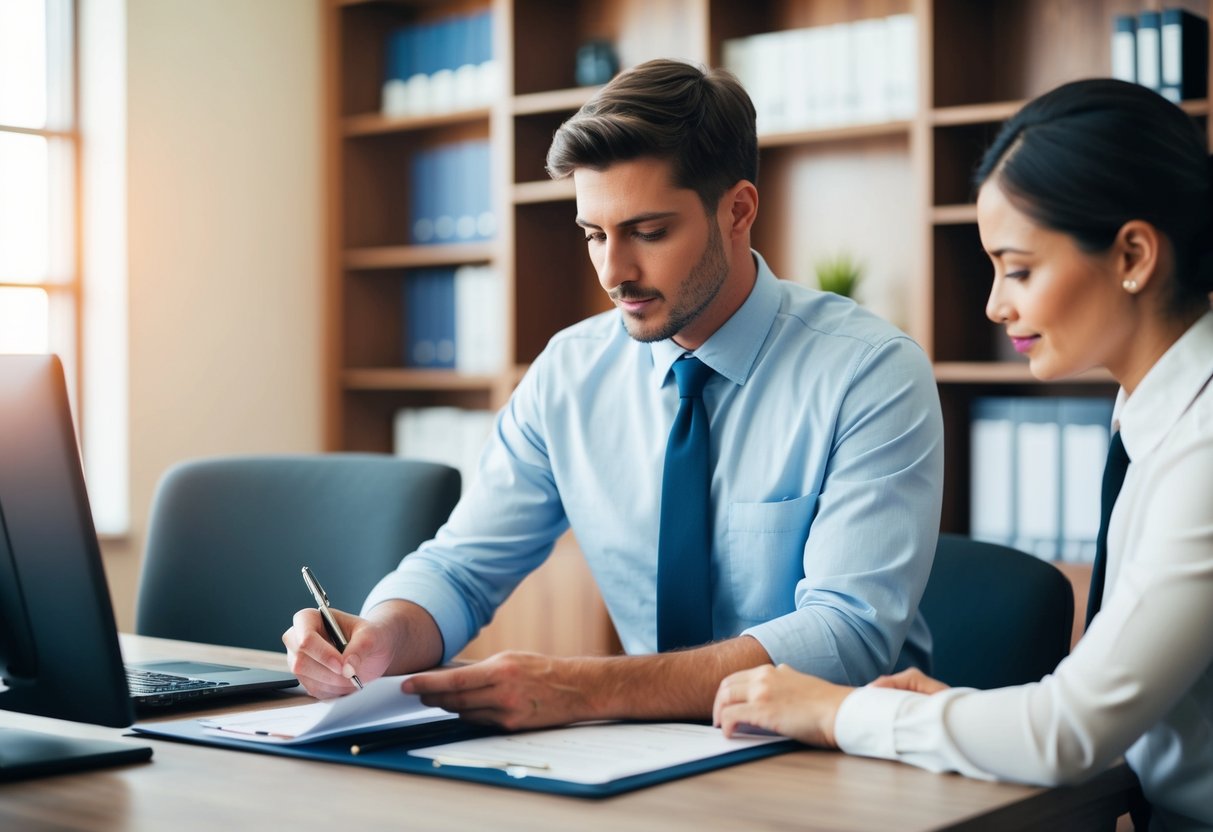 A person completing paperwork at a government office, with a clerk assisting