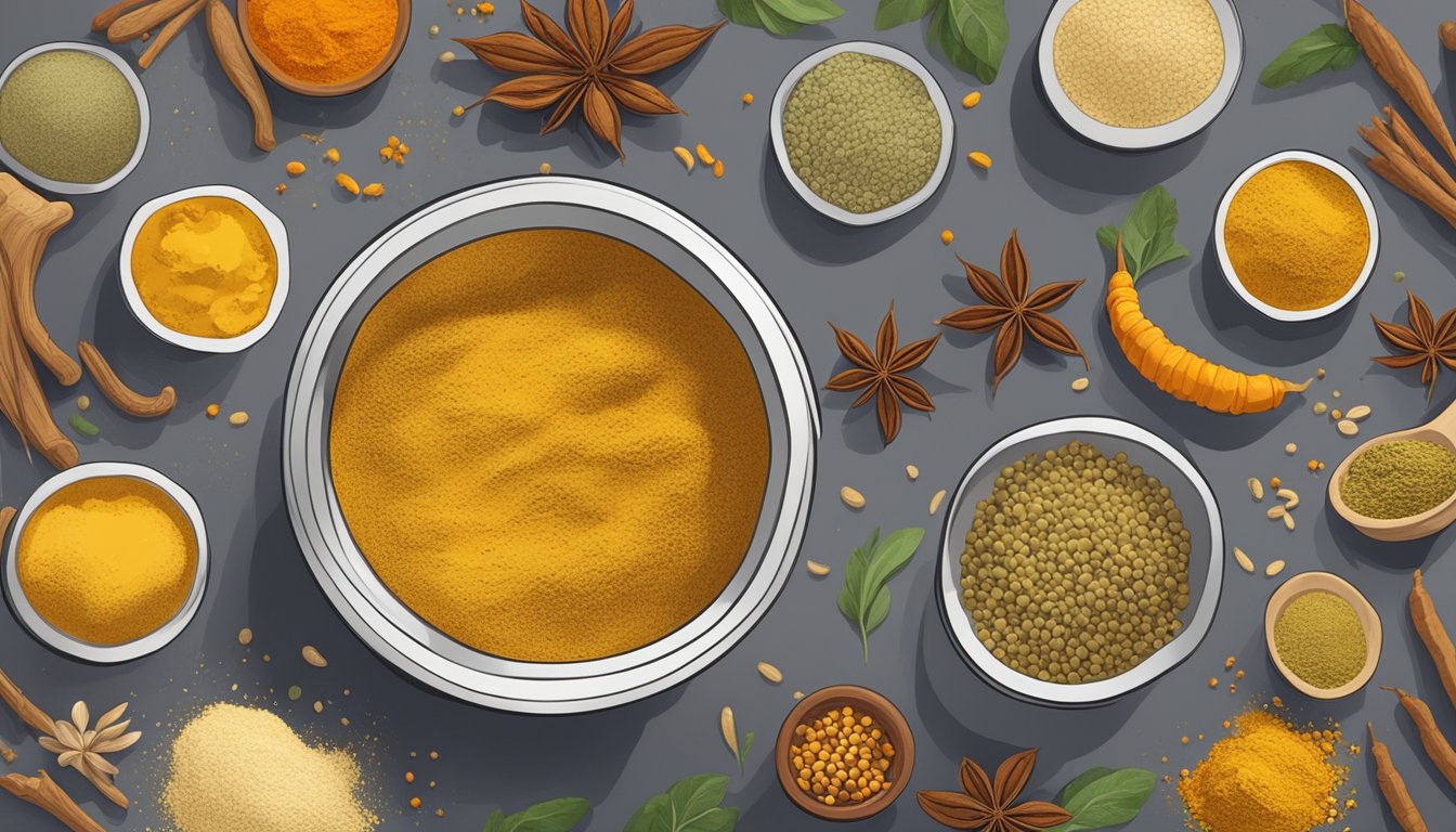 A small bowl of dry mustard powder surrounded by various alternative ingredients such as turmeric, paprika, and cumin