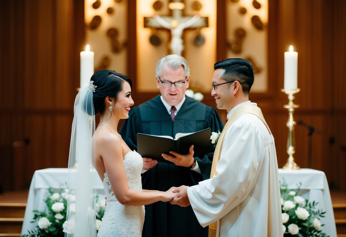 An officiant standing at an altar with a couple in front, exchanging vows