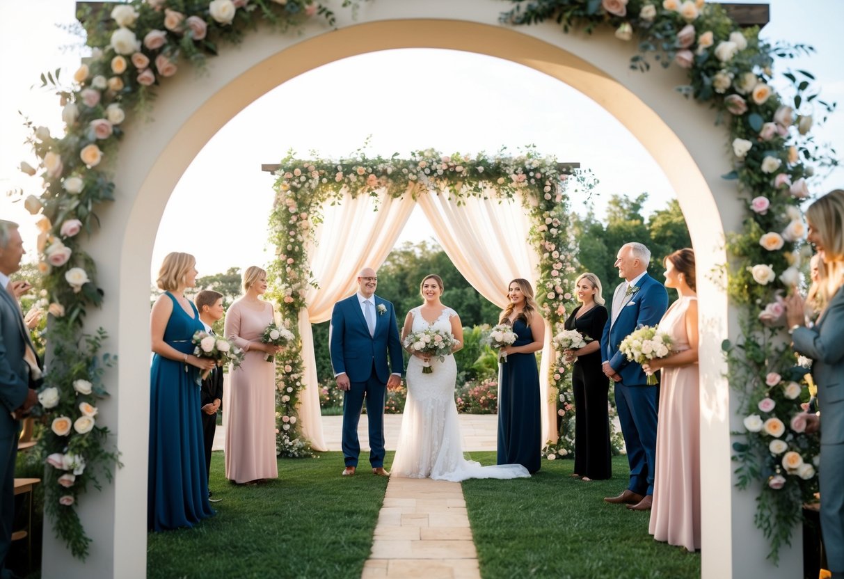 A person stands at the center of a decorated outdoor space, surrounded by family and friends. A beautiful archway frames the scene, adorned with flowers and billowing fabric
