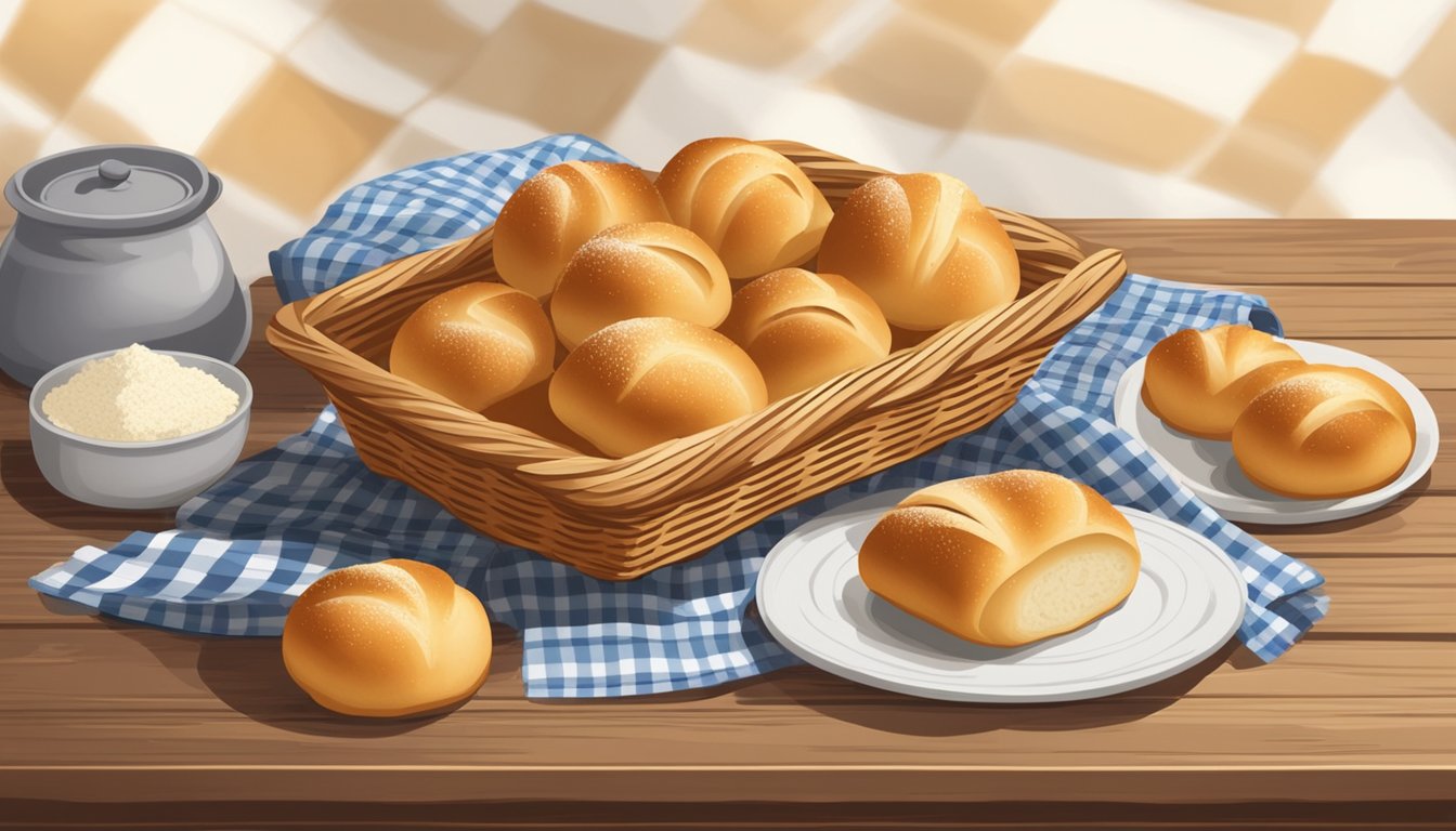 A basket of freshly baked dinner rolls sits on a rustic wooden table, surrounded by a checkered tablecloth and a scattering of flour