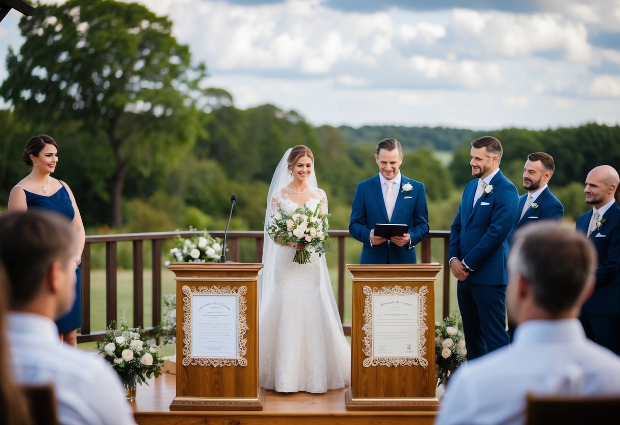 A figure stands at a decorated podium with a marriage certificate and a couple in front of them, surrounded by witnesses