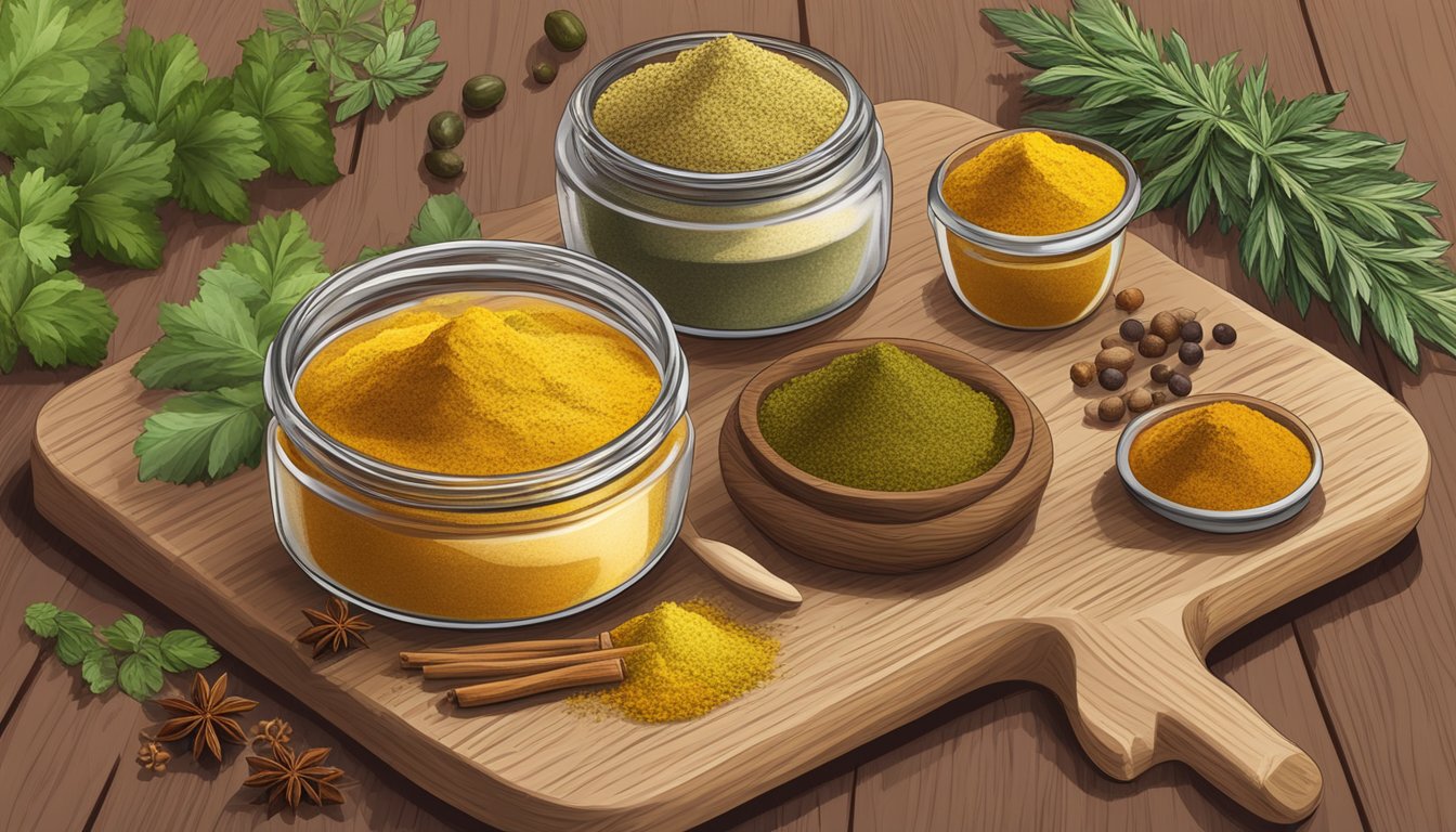 A small jar of dry mustard powder surrounded by various spices and herbs on a wooden cutting board